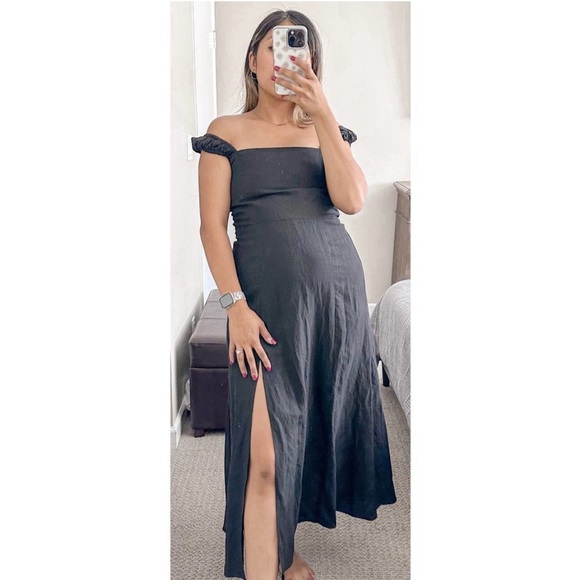 Zara Women's Black Linen Blend Midi Dress Square Neckline Flared Hem Size Medium - Picture 13 of 13